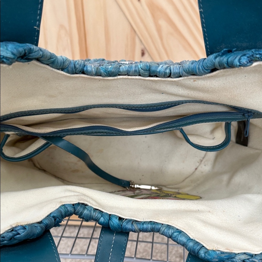 Francesco Biasia Freeway Jam Teal Straw Tote Bag - Picture 9 of 12
